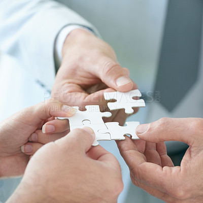 Buy stock photo Puzzle, company and partnership for collaboration, planning and teamwork for hope and goals. Hands, connection and trust for business, solutions and vision for support, idea and investment for people