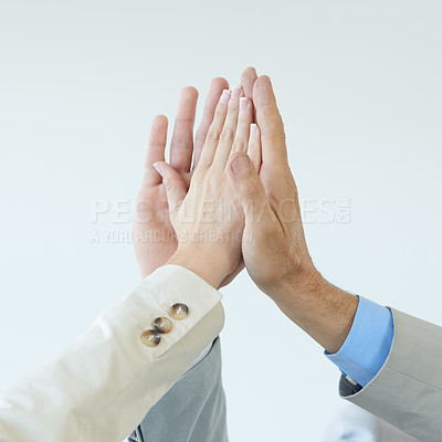 Buy stock photo High five, success and hands of people with celebration of achievement and support for teamwork. Business, collaboration and team building gesture for cooperation, solidarity and pride for winning