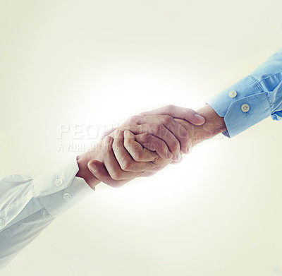 Buy stock photo Low angle, business people and handshake with partnership, agreement and promotion. B2b deal, shaking hands and thank you with mockup space or cooperation for a project or collaboration with contract