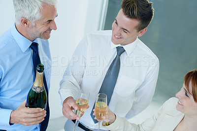 Buy stock photo Champagne, smile or happy business people in office party in celebration of target or success together. Drinking, top view or toast with team or group of colleagues in workplace for winning or goals