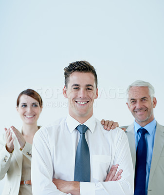 Buy stock photo People, portrait and corporate business in studio for teamwork, leadership and professional businessman. Smiling, confident and happy face for ceo, employee and together with white background 