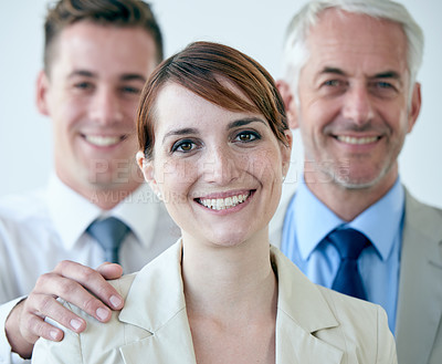 Buy stock photo Legal, team and happy portrait of people in collaboration for lawsuit, project or law firm. Professional, group and lawyers with confidence in leadership, support and teamwork with solidarity