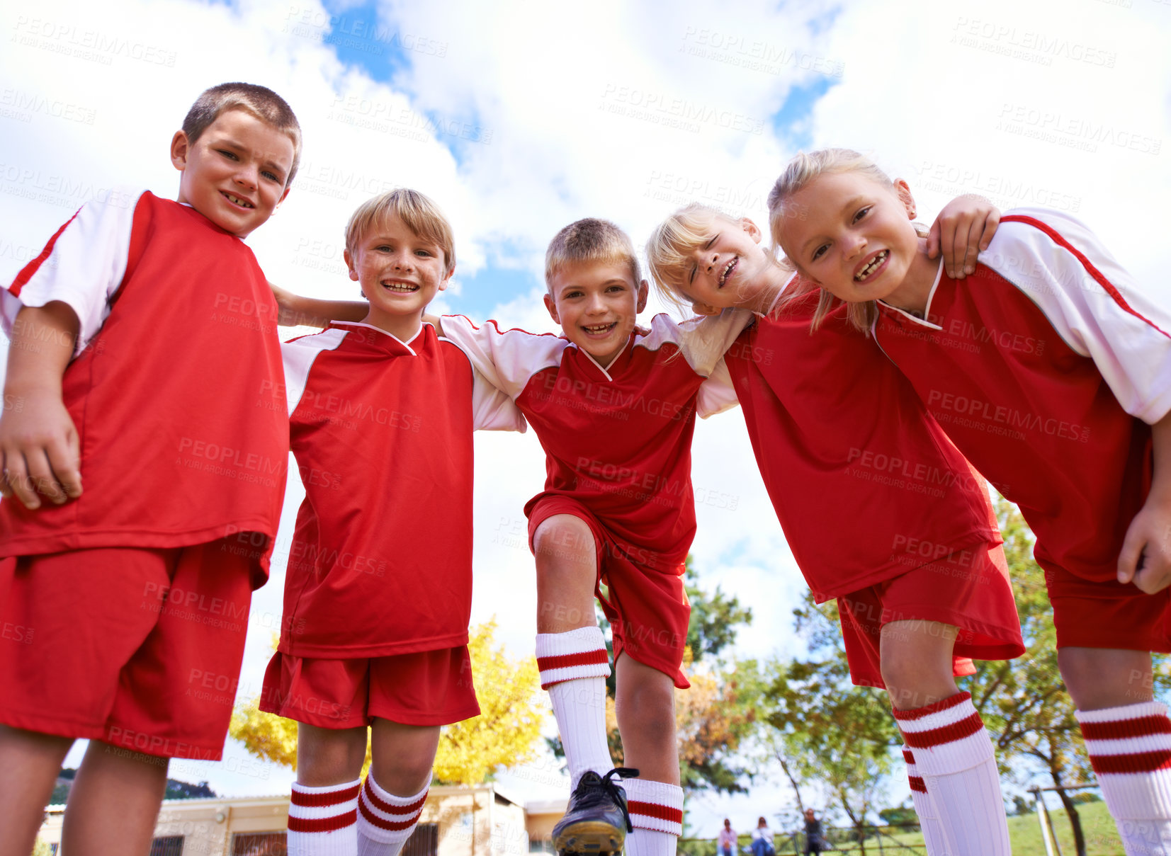 Buy stock photo Children, group portrait and soccer team or smile, happy and collaboration or support. People, kids and ready for match and partnership or teamwork, field and solidarity or energy for game or match