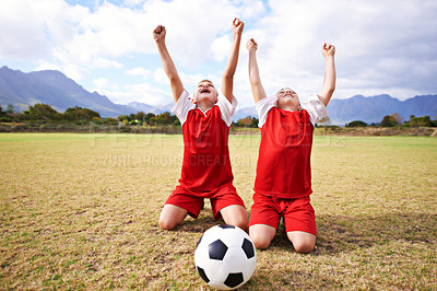 Buy stock photo Children, soccer team and cheering for success and celebration, happy and victory in outdoors. People, kids and excited for achievement, collaboration and partnership or teamwork on field or sports