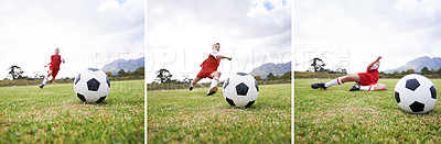 Buy stock photo Boy, soccer and collage of slide tackle on green grass or field for outdoor match or game. Male person, child or football player of kid playing with ball for sports competition on stadium in nature