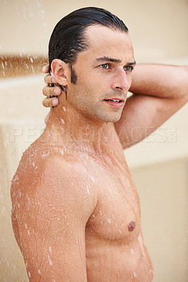 Buy stock photo Shower, skincare and man with water for cleaning, washing  and grooming for healthy skin. Beauty, spa treatment and person with splash for hygiene, wellness and dermatology hydration and cleanse