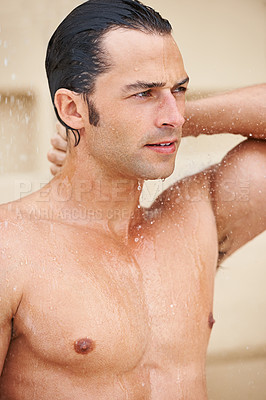 Buy stock photo Shower, beauty and man with water for cleaning, washing hair and grooming for healthy skin. Satisfaction, spa treatment and person with splash for hygiene, wellness and skincare hydration and cleanse