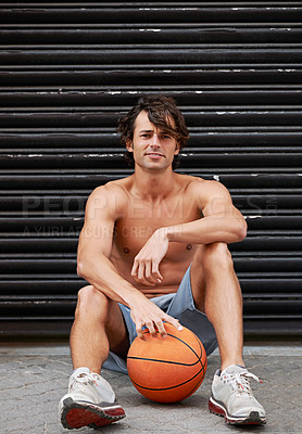 Buy stock photo Basketball, portrait and sports man relax after workout, exercise or practice for cardio wellness. Player, athlete or outdoor person rest after game competition, match and sitting on ground