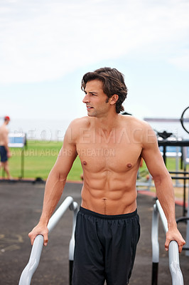 Buy stock photo Man, thinking and fitness or exercise, planning and vision for performance, workout and training. Male athlete, strategy and inspiration for health, body building and shirtless by outdoor equipment
