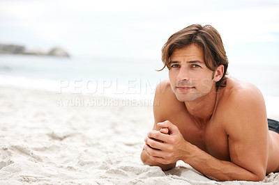 Buy stock photo Man, beach and sand for relax stomach for vacation sunshine holiday, summer break or tropical travel. Male person, topless and ocean fresh breeze for happy outdoor weekend, swimwear rest or sea water