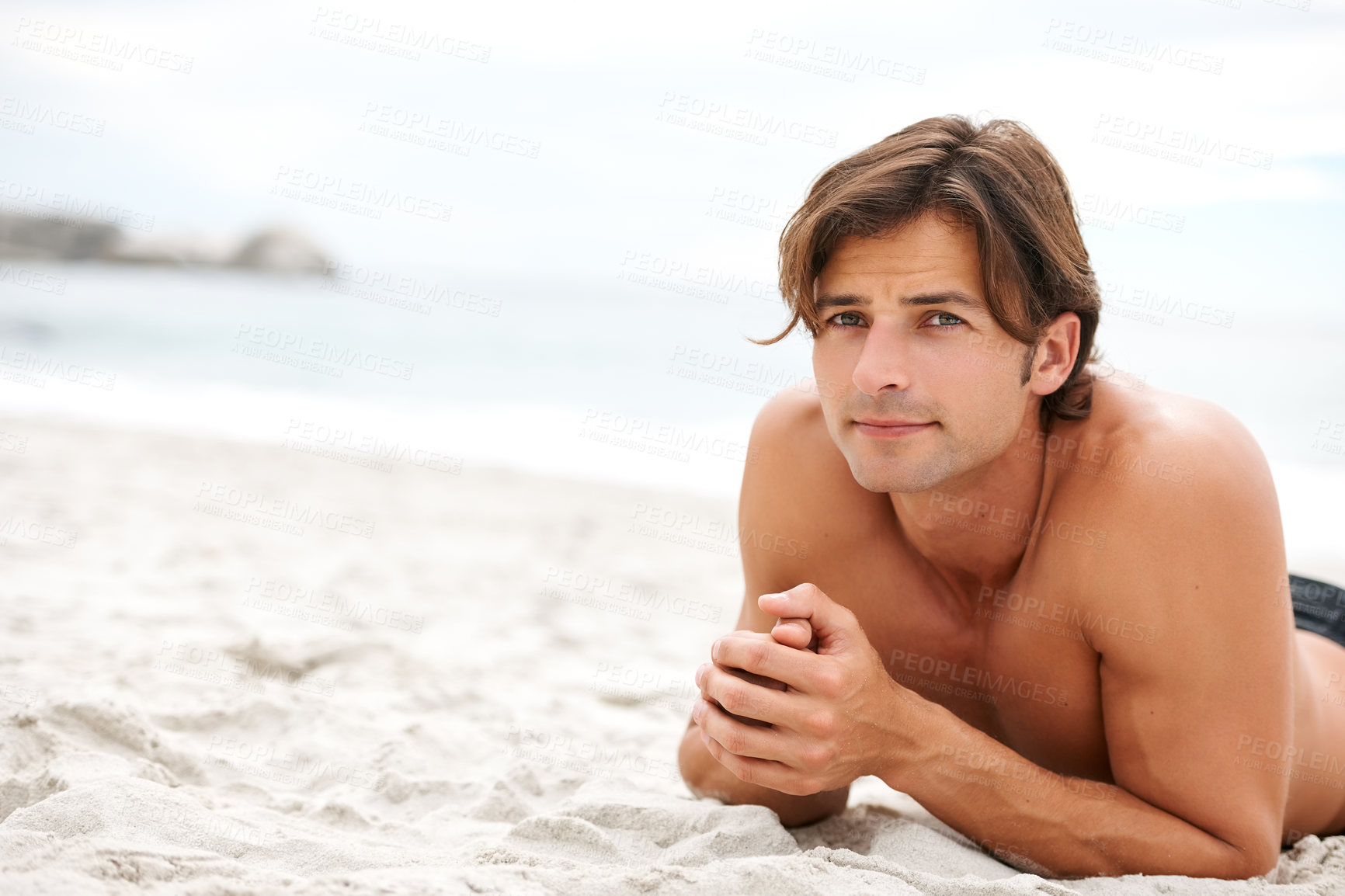 Buy stock photo Man, beach and sand for relax stomach for vacation sunshine holiday, summer break or tropical travel. Male person, topless and ocean fresh breeze for happy outdoor weekend, swimwear rest or sea water