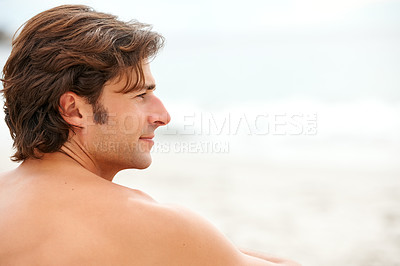 Buy stock photo Man, thinking and sitting on beach sand relax for ocean summer air, vacation peace or sunshine travel. Male person, profile and thoughts or calm sea rest or water waves, outdoor or tropical island