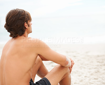 Buy stock photo Man, thinking and sitting on beach sand relax for ocean summer air, vacation peace or sunshine travel. Male person, back view and thoughts or calm sea rest or water waves, outdoor or tropical island