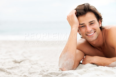 Buy stock photo Man, smile and portrait beach sand or relax summer holiday, vacation fun or sea calm. Male person, happy and peace at ocean for fresh air tourism or travel destination, confident or tropical sunshine