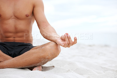 Buy stock photo Man, lotus or hand on beach closeup for meditation, zen peace or spiritual practice. Male person, fingers or ocean sand or holistic balance for growth reflection, mind thinking chakra or calm healing