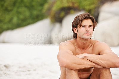 Buy stock photo Man, beach and sand thinking relax for vacation plans, summer sunshine holiday, or tropical ocean. Male person, thoughts idea or outdoor view or sea salt hair for lazy weekend, fresh air or wondering