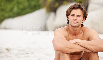 Buy stock photo Man, beach or sand thinking relax for vacation plans, summer sunshine, or tropical ocean. Male person, thoughts confused at outdoor view or sea salt hair for wondering, fresh air or interesting sight