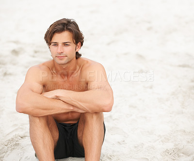 Buy stock photo Man, shirtless and beach sand thinking on relax holiday, ocean vacation or tropical sunshine. Male person, wondering or swimwear for summer paradise or peace solitude for rest, sea calm or thought