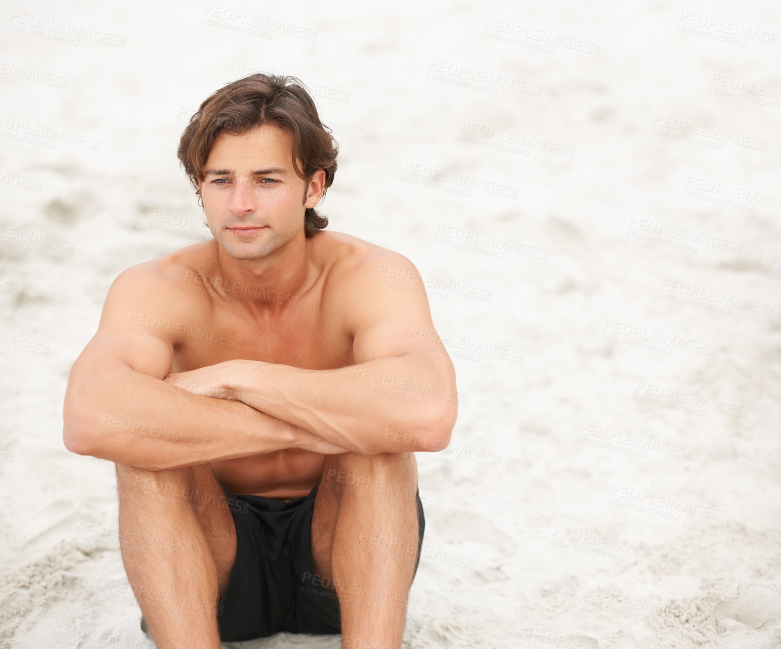 Buy stock photo Man, shirtless and beach sand thinking on relax holiday, ocean vacation or tropical sunshine. Male person, wondering or swimwear for summer paradise or peace solitude for rest, sea calm or thought
