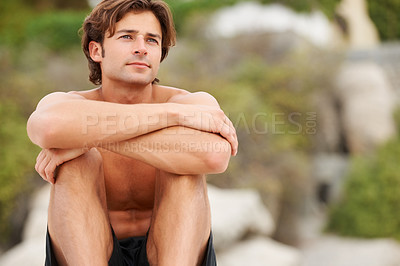 Buy stock photo Man, beach and sand thinking peace for vacation relax, summer sunshine or tropical ocean sight. Male person, topless and outdoor thoughts of view for sea salt hair or calm living, fresh air or wonder