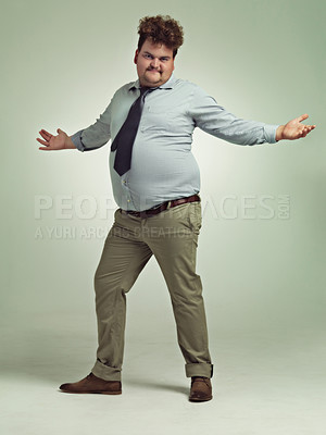 Buy stock photo Plus size, arms and portrait of man, excited and happiness with energy in studio with background. Adult, male person and guy with confidence, professional and employee with smile, joy and positive