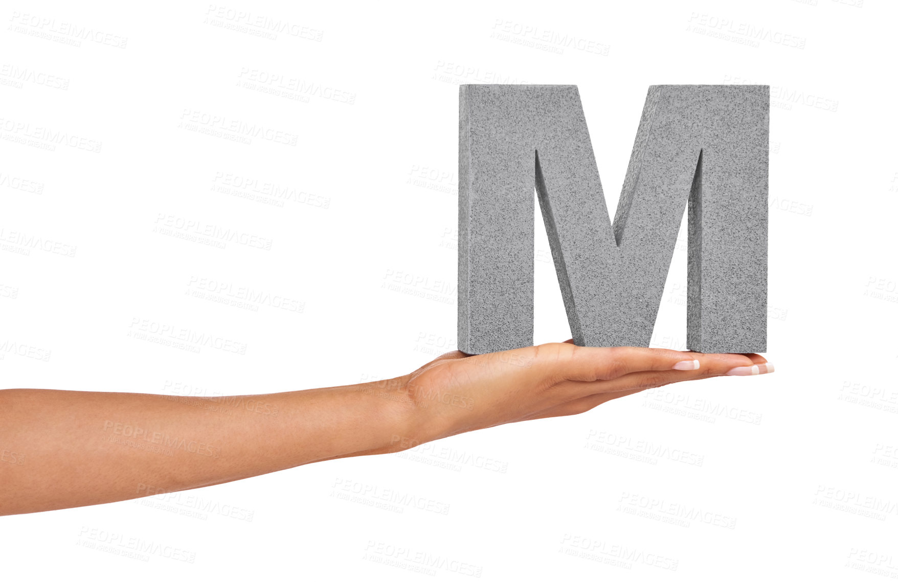 Buy stock photo Woman, hand and letter M or font in studio for advertising, learning or teaching on mock up. Sign, alphabet or character for reading, text or communication and grammar or symbol on white background