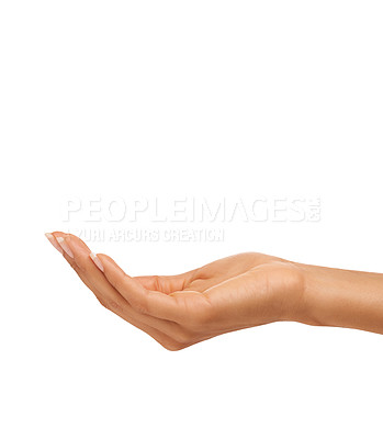 Buy stock photo Woman, hand and wrist in studio with manicure for cosmetics, skincare or nail treatment for wellness. Person, fingers or mock up space for cosmetology, moisturiser and smooth skin on white background