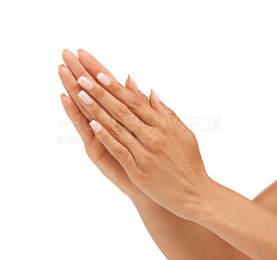 Buy stock photo Woman, hands or nails in studio with manicure for cosmetics, skincare or nail treatment for wellness. Person, fingers or mock up space for cosmetology, moisturiser and smooth skin on white background