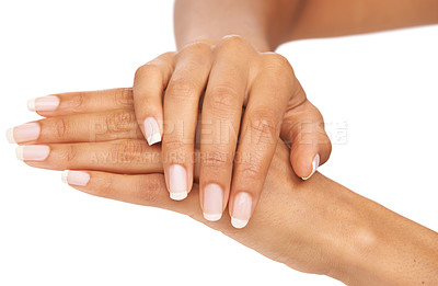Buy stock photo Woman, hand and nails in studio with manicure for cosmetics, skincare or nail treatment for wellness. Person, fingers or mock up space for cosmetology, moisturiser and smooth skin on white background