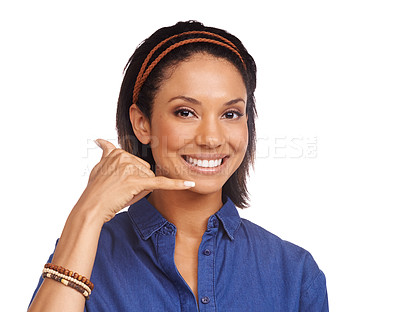 Buy stock photo Studio portrait, happy and woman call me gesture for communication, networking or contact us conversation. Emoji symbol, connection and face of model smile for discussion isolated on white background