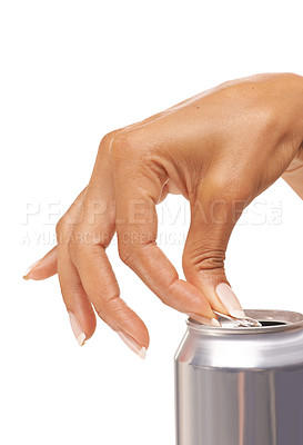 Buy stock photo Hands, woman and open tin of soda, beer and fizzy cola beverage in studio on white background. Closeup, silver can and pull metal ring of container for drinking alcohol, cold liquid and sugar diet
