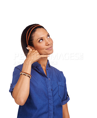 Buy stock photo Studio woman, thinking and call me hand gesture for contact us, networking or communication plan, ideas or info. Emoji chat icon, mockup space or girl planning discussion isolated on white background