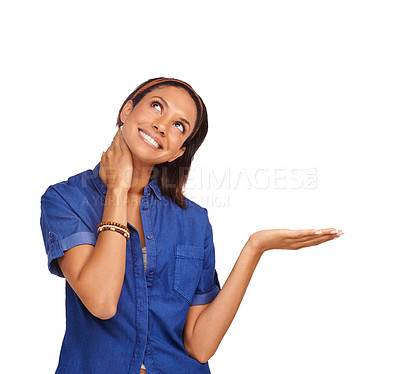 Buy stock photo Happy woman, mockup and thinking of palm gesture for sales deal, commercial or advertising presentation. Happiness, ideas and model show notification space, offer or discount plan on white background