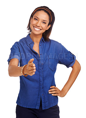 Buy stock photo Hiring, portrait or happy woman shaking hands in b2b agreement isolated on white background. Smile, yes or person in studio handshake for job promotion, deal negotiation or partnership opportunity