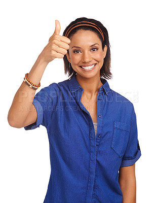 Buy stock photo Woman, thumbs up and portrait in studio for happy agreement, good news or support yes. Female person, face and hand gesture on white background for mockup space as winning, vote results or approval