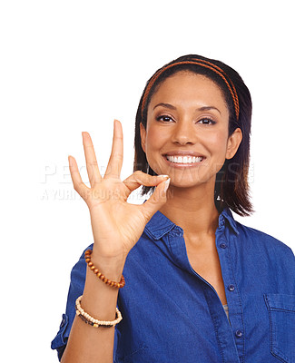 Buy stock photo Studio, portrait or happy woman with okay hand sign for support, agreement or feedback. Review, face or African person on white background with smile or perfect gesture for approval, like or yes icon