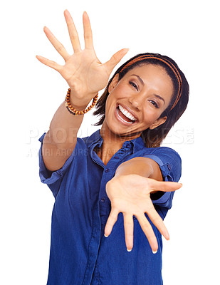 Buy stock photo Portrait, hands and excited with black woman, smile and confident girl isolated on a white studio background, Face, African person and model with frame and emotions with reaction, joyful and showing