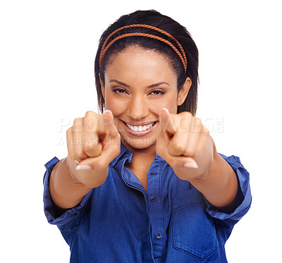 Buy stock photo Portrait smile, woman and pointing at you, choice or decision for promotion winner, selection or choosing volunteer. Face, hand gesture and model happy for encouragement isolated on white background