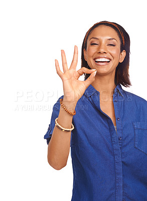 Buy stock photo white background, portrait or happy woman with perfect hand gesture for support, agreement or feedback. Good review, laughing or funny lady in studio with vote or okay sign for approval, like or yes