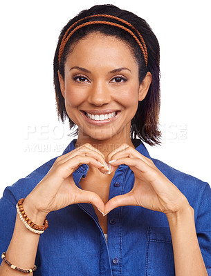 Buy stock photo Smile, heart hands or portrait of black woman with love for care, health or valentines day in studio. Happy, white background or African lady with gesture or thank you sign for hope, support or peace