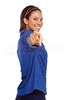 Buy stock photo Studio portrait, happiness and woman pointing at you, choice or encouragement support for promotion vote. Hiring decision, hand gesture and person smile for recruitment isolated on white background