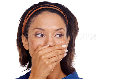 Buy stock photo Face, mouth cover or woman shocked over sales deal promotion, fake news or surprise information. Wow, omg announcement or girl wtf reaction to notification, studio offer or gossip on white background