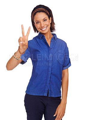 Buy stock photo Smile, peace sign or portrait of black woman in studio isolated on white background with vote or icon. Support, model or happy African female person with v symbol, hope or hand gesture for wellness