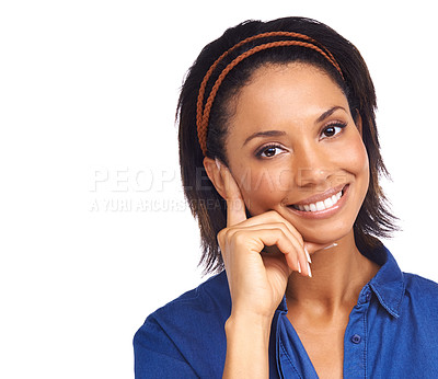Buy stock photo Portrait, happy and beauty with a young black woman in studio isolated closeup on a white background. Face, wellness and smile with a person looking confident with her antiaging skincare treatment