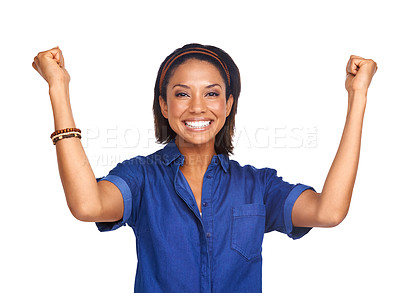 Buy stock photo Happy, portrait or black woman in studio for celebration, achievement or goals with bonus reward. Excited, winner or African model with prize, success or smile for target isolated on white background