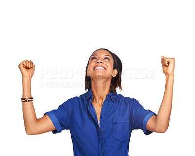 Buy stock photo Happy, mockup or black woman in studio for celebration, achievement or goal with confidence. Looking up, winner or African model with pride, success or smile for target isolated on white background 