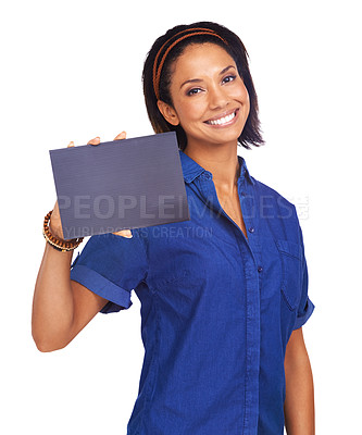 Buy stock photo Studio portrait, happy woman and mockup placard for sales deal promo, commercial or advertising info. Sign space, billboard announcement and model notification, offer or discount on white background