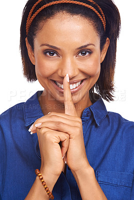 Buy stock photo Woman, portrait and finger secret or smile in studio for white background, quiet surprise or mockup. Female person, hand and mouth for confidential gossip emoji or whisper, announcement or privacy