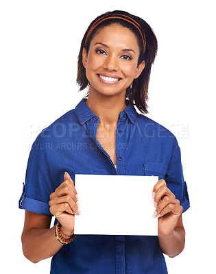 Buy stock photo An attractive young woman holding a blank card for your copyspace