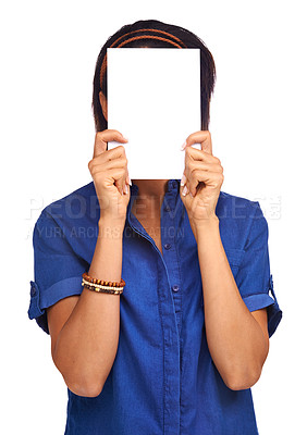 Buy stock photo Woman, poster mockup and space in studio for promotion, white background for advertising information. Female person, hiding face and board placard for presentation, about us news or communication
